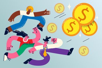 Diverse people run to get money strive for career success reach financial goal. Greedy employees in chase for cash and wealth. Competition and rivalry. Finance and banking. Vector illustration. . Diverse people in chase for money 