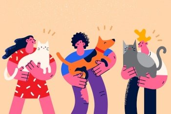 Happy diverse people hold in arms cats and dogs show love and care. Smiling men and women with domestic pets. Saving animal from shelter. Human and puppy friendship. Flat vector illustration. . Happy people hold domestic animals cats and dogs 