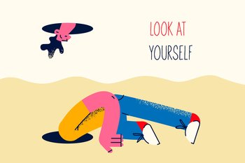 Guy kneel down look in hole and see himself. Man seek search for reason or ground discovering self. Concept of look at yourself first. Self-worth and assessment. Flat vector illustration. . Guy look in hole find himself