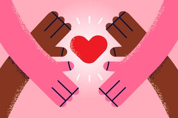 Close up of diverse people hands hold heart show love and care in human relationship. Multiracial men and women feel grateful thankful. Charity and gratitude concept. Flat vector illustration. . Diverse people hands hold heart show love