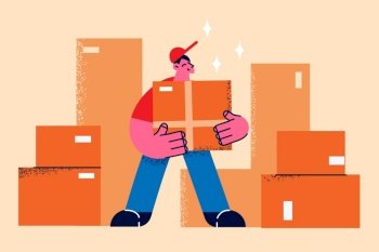 Happy deliveryman hold package work in warehouse. Smiling male courier deliver parcels boxes to clients. Good quality shipping service. International delivery. Flat vector illustration. . Happy deliveryman hold box deliver package to customer 