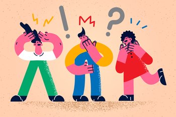 Frustrated young people feel confused have communication problem. Diverse friends distressed with verbal misunderstanding. Diversity concept. Multicultural world. Flat vector illustration. . Frustrated people feel distressed having communication problem 