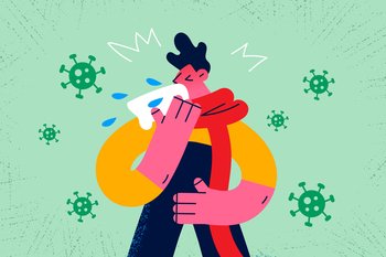 Sick young man blow running nose feel unhealthy suffer from covid-19 symptoms. Ill guy have fever or cold, struggle with corona virus infection. Coronavirus, pandemics concept. Vector illustration. . Unhealthy guy blow nose struggle with coronavirus 