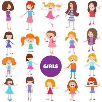 Cartoon illustration of elementary and teen age girls characters big set