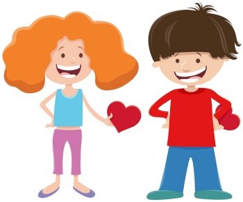 Cartoon illustration with girl and boy characters with cards on Valentines Day