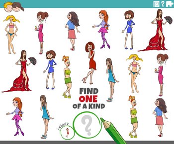 Cartoon illustration of find one of a kind picture game with women characters