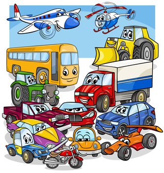Cartoon illustration of cars and vehicles comic characters group