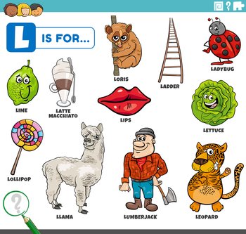 educational cartoon illustration for children with comic characters and objects set for letter L