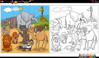 Cartoon illustration of wild animal characters group coloring page
