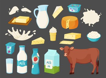 Milk and cow. Natural food products and farm animal. Sour cream. Butter or cheese. Curd bowl. Yogurt bottle. Fermented dairy. Meal with lactose. Calcium drink splashes. Vector fresh diet nutrition set. Milk and cow. Food products and farm animal. Sour cream. Butter or cheese. Curd bowl. Yogurt bottle. Fermented dairy. Meal with lactose. Calcium drink splashes. Vector diet nutrition set