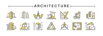Architect buildings. Line icons of architecture project for engineer documents and real estate plans. Apartment interior blueprint. House construction. Drafting stationery. Vector design logo set. Architect buildings. Line icons of architecture project for engineer documents and plans. Apartment interior blueprint. House construction. Drafting stationery. Vector design logo set