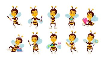 Bee in school. Cute animal character holding stationery and books. Happy incest with graduation scroll. Cartoon mascot of kindergarten or college education. Studying wasps set. Vector creative design. Bee in school. Animal character holding stationery and books. Incest with graduation scroll. Cartoon mascot of kindergarten or college education. Studying wasps set. Vector creative design