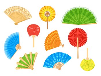 Hand paper fan. Japanese and Chinese tradition art. Vintage objects with pattern. Oriental souvenirs. Opened fashion clothing. Handheld cooling Asian accessories. Geisha attribute. Vector design set. Hand paper fan. Japanese and Chinese tradition art. Vintage objects with pattern. Oriental souvenirs. Handheld cooling Asian accessories. Opened fashion clothing. Vector design set