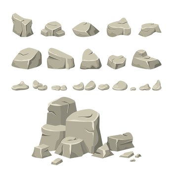 Grey stones. Mountain rock. Boulder wall. Rough rubble pile. Nature broken gravel texture. Concrete surface of big solid. Isolated cracked cobbles set. Geological elements. Vector cartoon illustration. Grey stones. Mountain rock. Boulder wall. Rubble pile. Nature broken gravel texture. Concrete surface of big solid. Cracked cobbles set. Geological elements. Vector cartoon illustration
