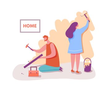 Couple man and woman doing renovation in flat. Vector repair wall interior, apartment painting renovation, couple indoor work together illustration. Couple man and woman doing renovation in flat