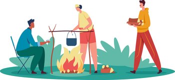 People cooking food on bonfire, outdoor rest. Recreation summer tourism, journey picnic and camping outdoor, vector illustration. People cooking food on bonfire, outdoor rest