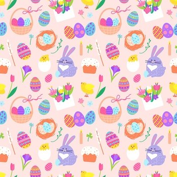 Easter doodles seamless pattern with bunny, painted egg and flowers. Cute chicks, eggs in basket, blossoms, spring holiday vector texture. Festive objects, adorable animals flat fabric. Easter doodles seamless pattern with bunny, painted egg and flowers. Cute chicks, eggs in basket, blossoms, spring holiday vector texture
