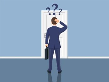 Businessman standing in front closed doors. Choice way concept. Human before choosing. Decide direction. Vector illustration flat style. Businessman standing in front closed doors.