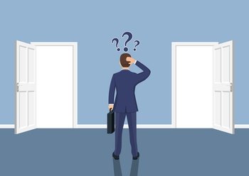 Businessman standing in front open doors. Choice way concept. Human before choosing. Decide direction. Vector illustration flat style. Businessman standing in front open doors.