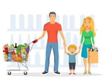 family shopping characters set, shopping, isolated on white. Group people. mall shopping, on-line shopping, healthy eating, family with food from the supermarket. Vector illustration in flat style. family shopping characters set,