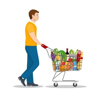 man pushing supermarket shopping cart full of groceries. isolated on white background. Vector illustration in flat style. Young man pushing supermarket