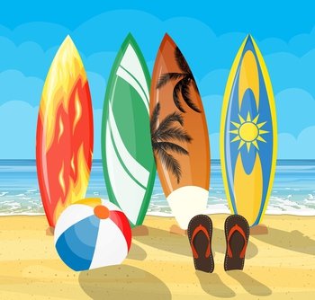 beach landscape with surf boards scene. Set of surfboards on a on tropical background. Vector illustration in flat style. beach landscape with surf boards scene
