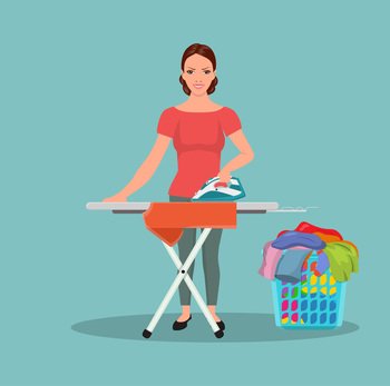 Happy young attractive woman ironing clothes. Happy smiling woman housewife. Vector illustration in flat design. Happy young attractive woman ironing clothes