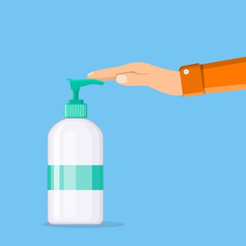 Man washing hands. Bottle of liquid antibacterial soap with dispenser, moisturizing sanitizer. Disinfection, hygiene, skin care concept. Vector illustration in flat style. Man washing hands.