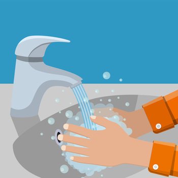 Wash hands in sink. Man holding soap in hand under water tap. Arm in foam soap bubbles. Personal hygiene. Disinfection, antibacterial washing. Vector illustration in flat style. Wash hands in sink.
