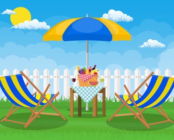 picnic party. Sun lounger and umbrella. Vector illustration flat style. picnic party. Sun lounger,