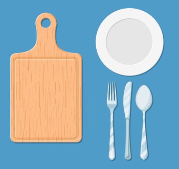 ork, knife, plate, spoon, cutting board top view set closeup isolated on blue background. ork, knife, plate, spoon, cutting board