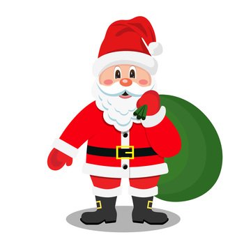 Cartoon Santa Claus smiling with gift bag. Vector illustration in flat style. Cartoon Santa Claus
