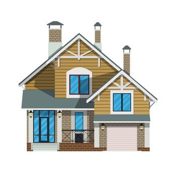 Suburban family house with garage. Countrysdie wooden house icon. Vector illustration in flat style. Suburban family house with garage.