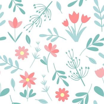Spring flowers and greenery seamless pattern. Botanical beautiful floral leafy background. Template for wallpaper, fabric, packaging and design vector illustration. Spring flowers and greenery seamless pattern