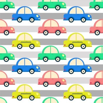 Baby cars on road seamless pattern. Colorful background with auto. Wallpaper template baby room or textiles. Highway with motor vehicles background for boy vector illustration. Baby cars on road seamless pattern