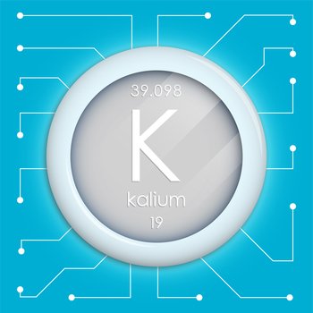Realistic button with potassium symbol. Chemical element is kalium. Vector isolated on white background