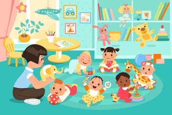 Kindergarten with babies. Educator younger group with children. Toddlers nanny. Kids games and activities in nursery. Cute happy infants play with pyramids and balls. Vector cartoon playroom concept. Kindergarten with babies. Educator younger group with children. Toddlers nanny. Kids games and activities in nursery. Cute infants play with pyramids and balls. Vector playroom concept