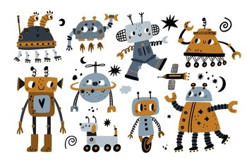 Cute robots. Funny comic robotic characters. Kids playroom decor. Boys nursery theme. Cartoon style futuristic space automations. Children mechanical metal toys. Vector isolated android mascots set. Cute robots. Funny comic robotic characters. Kids playroom decor. Boys nursery theme. Cartoon futuristic space automations. Children mechanical metal toys. Vector android mascots set