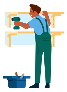 Man working with power drill. Repairman hanging shelves on wall. Vector illustration. Man working with power drill. Repairman hanging shelves on wall