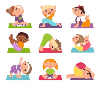 Children yoga. Funny boys and girl in different poses, sportive kids, training and stretching, healthy lifestyle, young athletes, harmony healthy lifestyle, vector cartoon flat style isolated set. Children yoga. Funny boys and girl in different poses, sportive kids, training and stretching, healthy lifestyle, harmony healthy lifestyle, vector cartoon flat style isolated set
