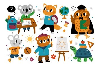 Cute school animals. Kids cartoon characters with educational supplies. Little students study or paint. Wise owl in mantle. Turtle with books. Mouse play with soccer ball. Vector funny creatures set. Cute school animals. Kids cartoon characters with educational supplies. Students study or paint. Wise owl in mantle. Turtle with books. Mouse play with soccer ball. Vector creatures set