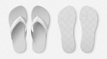 White flip flops. Realistic bathroom slippers blank mockup. 3D sandals top and bottom view. Beach or pool rubber shoes. Fashion summer accessories. Plastic footwear pair. Vector casual clothing set. White flip flops. Realistic bathroom slippers mockup. 3D sandals top and bottom view. Beach or pool rubber shoes. Fashion summer accessories. Footwear pair. Vector casual clothing set