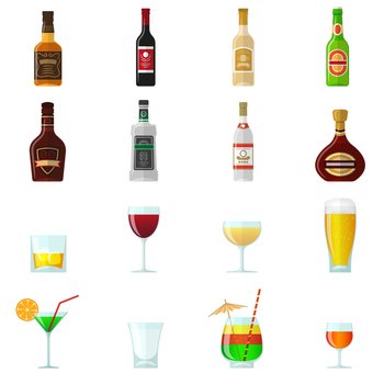 Alcohol flat icons set with whiskey brandy bottles and cocktail glasses isolated vector illustration. Alcohol Flat Icons