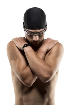 mid shot swimmer hands chest