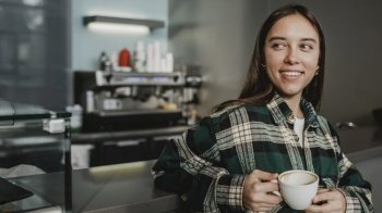 portrait young woman enjoying coffee