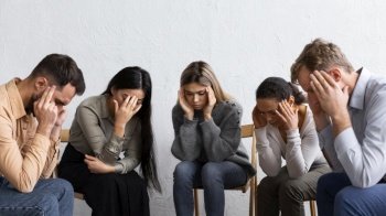 sad people group therapy session