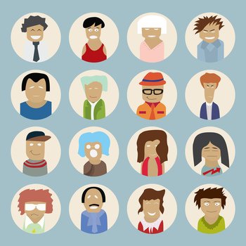 Set of people icons in flat style with faces. Vector illustration of men and women