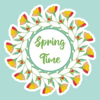 Illustration with colorful spring sticker with flowers. Floral wreath with text Spring time. Emblem with flowers. Beautiful spring background illustration. Vector design.. Illustration with spring sticker with flowers.