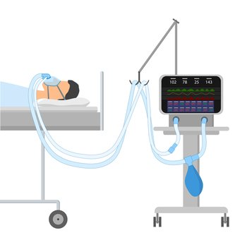 A man lying on the bed with Sleeping Apnea and CPAP. On the face oxygen mask with two tubes connected with a device for artificial ventilation of the lungs. Isolated vector EPS10.