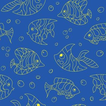 Seamless pattern of fantasy yellow psychedelic, creative doddle fish. Zen art creative design collection on blue background. Vector illustration.